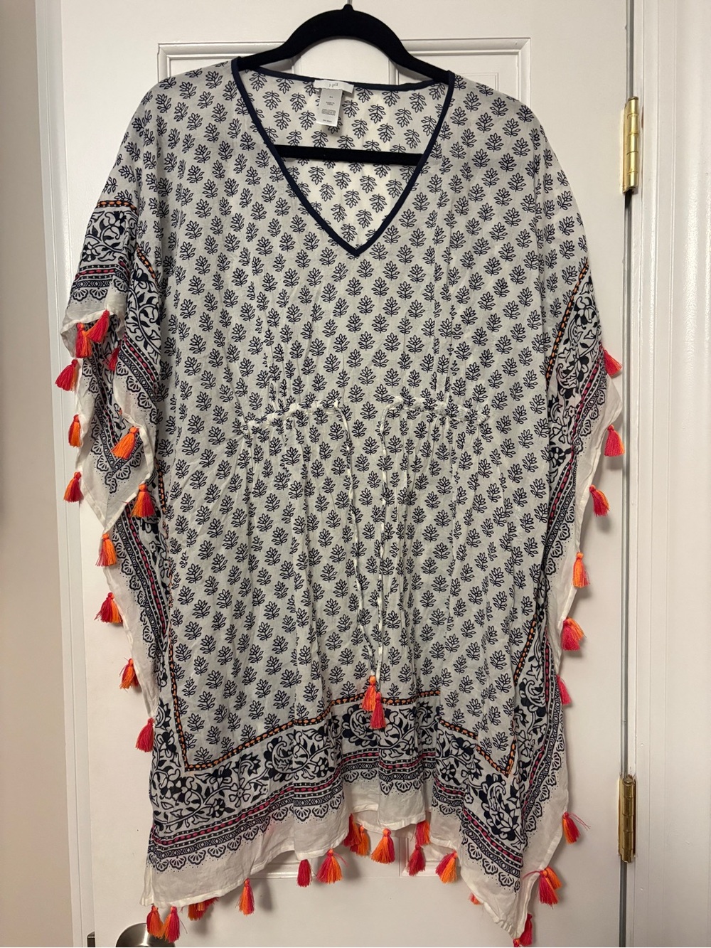 J.Jill 100% Cotton Boho Tassel Kaftan Cover Up One Size S-L White Navy Orange